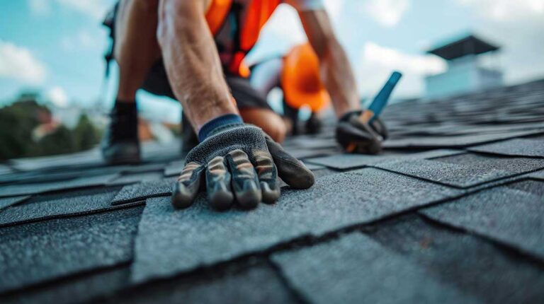 A homeowner inspects roof rafters in an attic with visible water stains and signs of moisture damage.